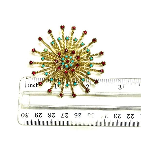 Sputnik Brooch Red Turquoise Blue Rhinestone Gold Vtg Estate Jewelry Orb Pin O06 - Picture 4 of 4